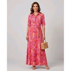 ​NWOT MSK Pink Paisley Maxi Dress Medium M Floral Gold Ring Zip Front Belted.